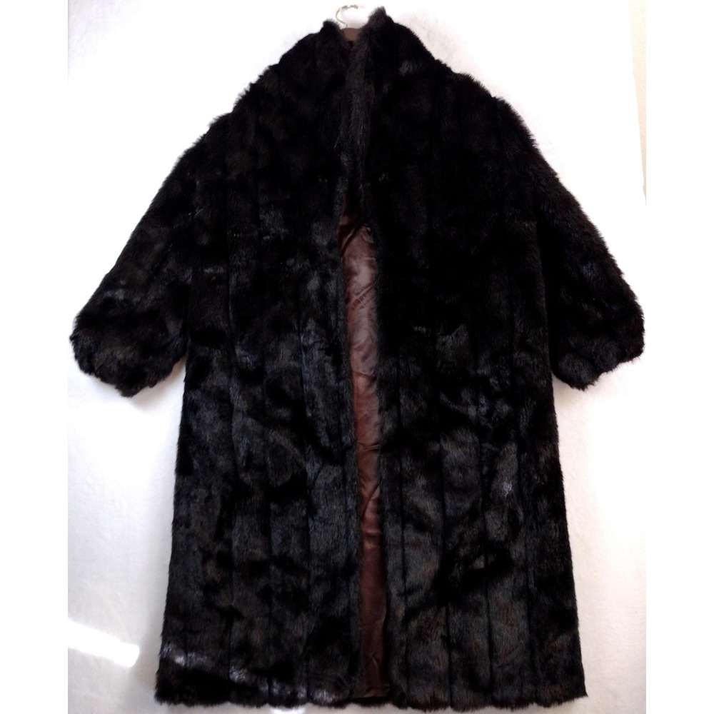 Monterey Fashions Faux Fur Coat Brown Vintage Shawl Collar Made in USA 16W